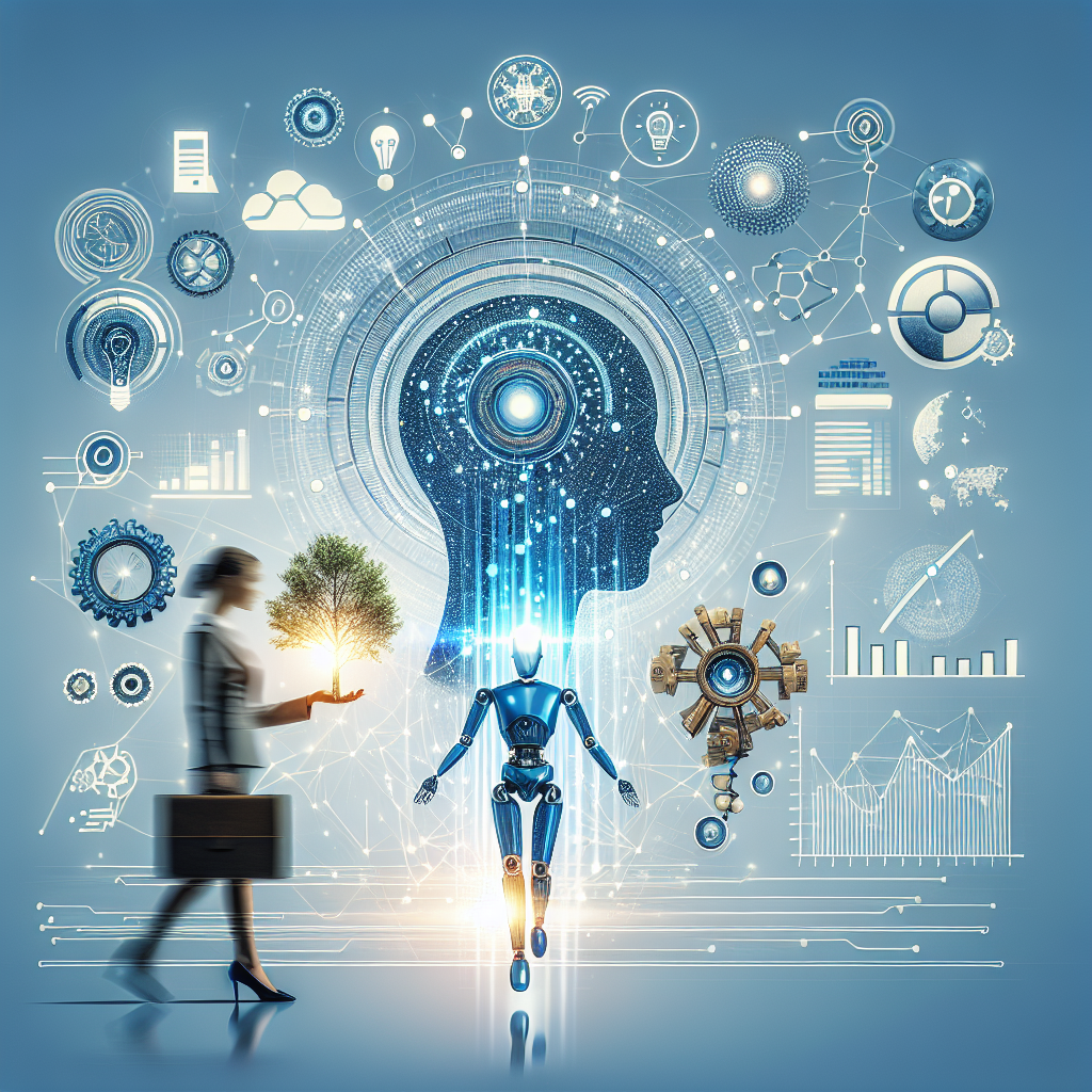 Robô e mulher com árvore simbólica.